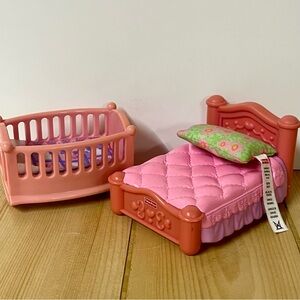 Fisher Price Loving Family My First Dollhouse Pink Twin Bed Rocking Crib Lot 2